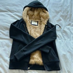 Abercrombie & Fitch faux fur lined black hoodie sweatshirt jacket.